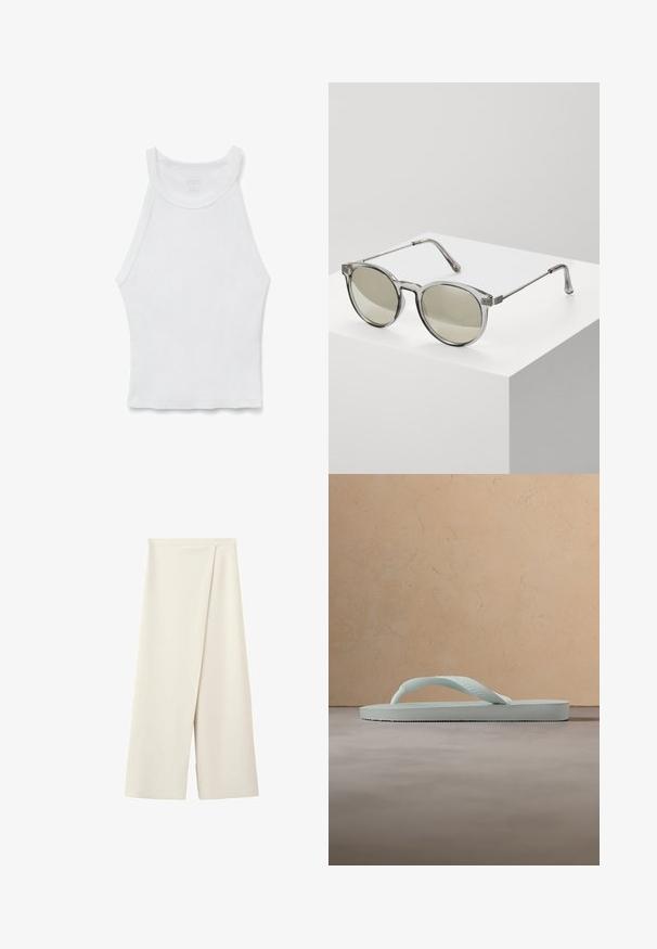 Camiseta de tirantes blanca con canalé, cuello alto y silueta ajustada, colocada plana sobre un fondo blanco.; Pantalones anchos color crema con cintura alta y un detalle de solapa superpuesta en la parte delantera.; Sandalia tipo chancla de goma beige claro con plantilla texturizada y correa en forma de Y sobre un fondo gris liso.; Gafas de sol redondas con montura transparente gris y lentes tintados en gris. Detalles metálicos en las varillas y brazos curvados para mayor estabilidad.