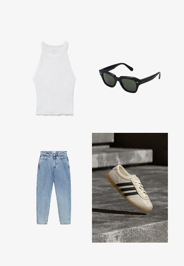 Wit mouwloos geribd hemdje met hoge hals en aansluitende silhouet, plat neergelegd op een witte achtergrond.; Lichtblauwe denim jeans met een hoge taille, een rechte pijpdesign en contrasterende stiksels. Bevat voor- en achterzakken en een knoopsluiting.; Witte sneaker met zwarte strepen en rubberen zool zwevend boven betonnen trap in zacht daglicht.; Zwarte vierkante zonnebril met donker groene lenzen, uitgerust met gedurfde monturen en zilveren accenten aan de zijkanten. Gemaakt in Italië.