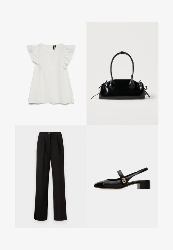 Blouse blanche sans manches avec col rond et détails de volants superposés aux épaules, coupe ample, fermeture boutonnée au dos.; Pantalon noir avec une coupe droite, comprenant des plis sur le devant, une fermeture à bouton et un tissu lisse et texturé.; Chaussure en cuir noir à talon ouvert avec un bout rond, présentant un cap glossy et un accent doré sur la sangle, maintenue par un petit talon bloc.; Petit sac à main noir brillant avec deux longues anses et des détails à cordon sur les côtés sur un fond clair uni.