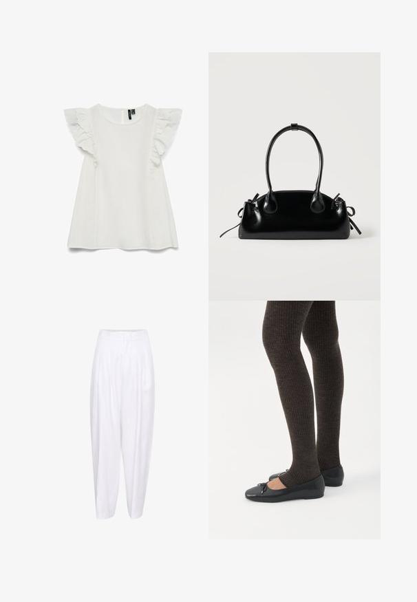 Blusa blanca sin mangas con escote redondo y detalles de volantes en capas en los hombros, corte suelto, cierre de botones en la parte trasera.; Pantalones de lino blancos con una cintura alta, que presentan pliegues en la parte delantera y una silueta relajada, que se estrechan hacia el tobillo. Textura suave, sin patrones.; Piernas con leggings oscuros acanalados combinados con bailarinas negras que presentan pequeños detalles de lazo sobre un fondo blanco.; Pequeño bolso negro brillante con dos asas largas y detalles de cordón lateral sobre un fondo claro liso.