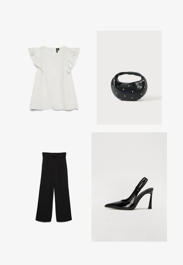 Blusa blanca sin mangas con escote redondo y detalles de volantes en capas en los hombros, corte suelto, cierre de botones en la parte trasera.; Pantalones negros de pierna ancha con una pretina alta, que cuentan con dos botones frontales y una textura suave. Corte recto con pliegues en la parte delantera.; Zapato de tacón con tirante en negro de charol, punta afilada, tacón alto y delgado, y doble tira elástica para un ajuste seguro. Superficie suave y brillante.; Bolso de mano de cuero negro con forma redondeada, decorado con detalles de tachuelas plateadas y un asa corta. Textura lisa y cierre con cremallera.