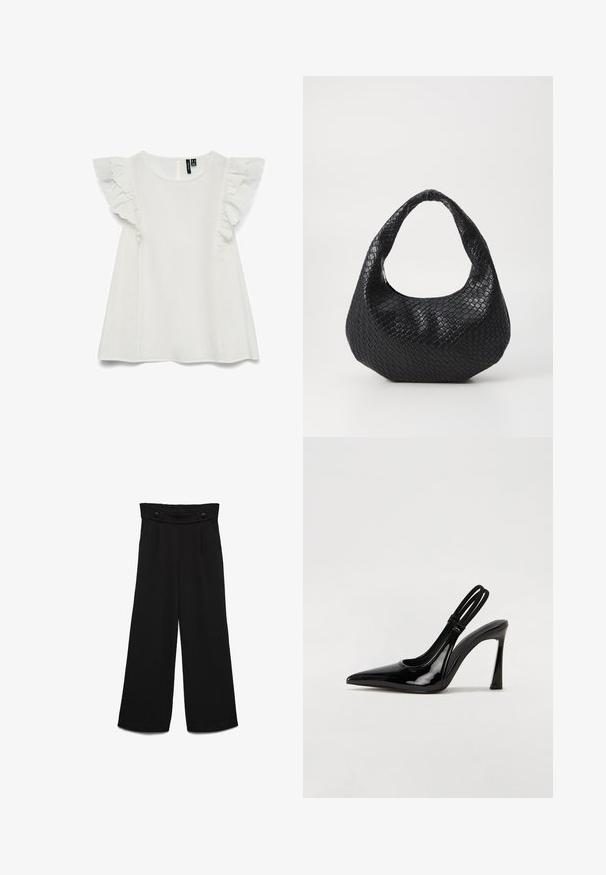 Blouse blanche sans manches avec col rond et détails de volants superposés aux épaules, coupe ample, fermeture boutonnée au dos.; Pantalon noir à jambes larges avec une taille haute, doté de deux boutons à l'avant et d'une texture lisse. Coupe droite avec des plis à l'avant.; Escarpin en cuir verni noir à talon aiguille, à bout pointu, avec une sangle élastique double pour un maintien sécurisé. Surface lisse et brillante.; Sac à main tissé noir avec une poignée courbée, présentant une surface texturée et une forme décontractée. Fini lisse avec une silhouette organique.