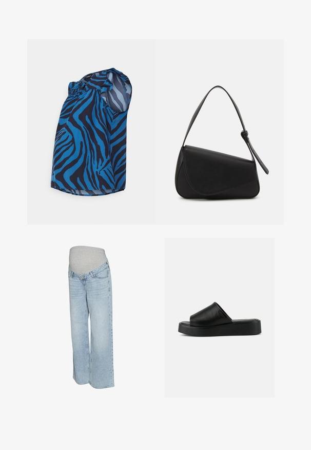 Blouse à motifs bleus et navy avec un design fluide, des manches courtes, un col froncé et un tissu lisse et léger.; Jeans en denim bleu clair avec une taille élastique grise, design à jambes larges et style traditionnel à cinq poches. Texture lisse avec un délavage passé.; Sandale compensée noire à enfiler avec tige large en cuir et semelle épaisse, vue de profil sur un fond gris uni.; Sac à main en cuir noir de forme triangulaire, avec un rabat incliné et une poignée supérieure arrondie. Il présente une texture lisse et des détails de design minimalistes.