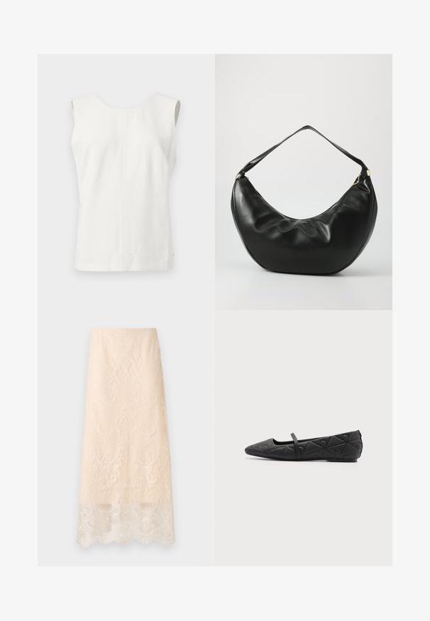 Haut blanc sans manches avec encolure ronde et couture verticale visible au centre devant, présenté sur un fond clair uni.; Jupe midi couleur crème avec une superposition en dentelle florale complexe et un ourlet festonné, présentée à plat sur un fond blanc.; Chaussure plate noire à bout pointu avec motifs géométriques matelassés et une fine bride sur le cou-de-pied sur fond uni.; Sac à épaule en cuir noir, de forme courbée, avec une texture douce et une seule sangle; il comporte une fermeture éclair dorée et un logo discret.