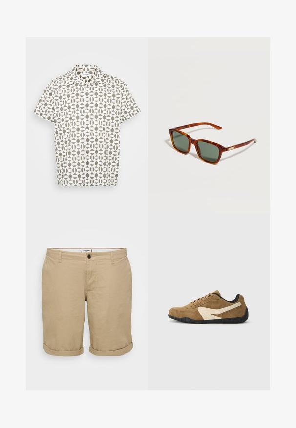 Chemise à manches courtes en tissu blanc avec un motif géométrique marron. Dotée d'un col classique et d'une texture subtile.; Shorts beige clair à coupe droite, en coton. Présentent un bouton frontal unique, des poches latérales et des ourlets retroussés.; Sneaker en daim marron avec un design d'accent crème. Caractéristiques : semelle et lacets en caoutchouc noir, avec une silhouette élégante et profilée.; Lunettes de soleil rectangulaires en écaille de tortue marron avec des verres vert foncé et des branches fines posées sur une surface blanche.