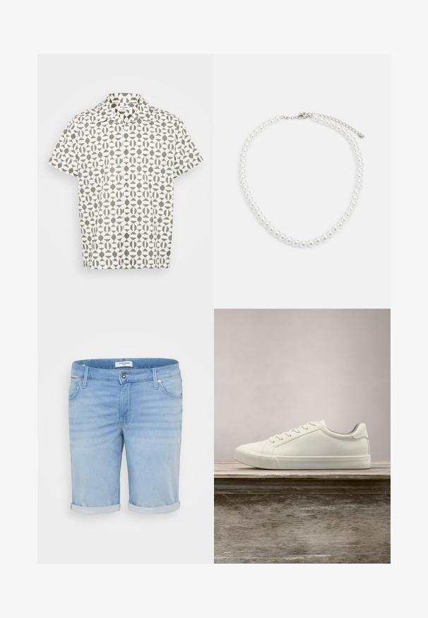 Short-sleeve button-up shirt in white fabric with a geometric brown pattern. Features a classic collar and subtle texture.; Light blue denim shorts with a slightly faded finish, rolled cuffs, five-pocket design, and a metal button closure.; White lace-up sneaker hovering above wooden bench with green foliage in the background, showcasing shoe design and texture.; White pearl necklace with a uniform round shape, smooth surface, and metal clasp with an extension chain for adjustable length.