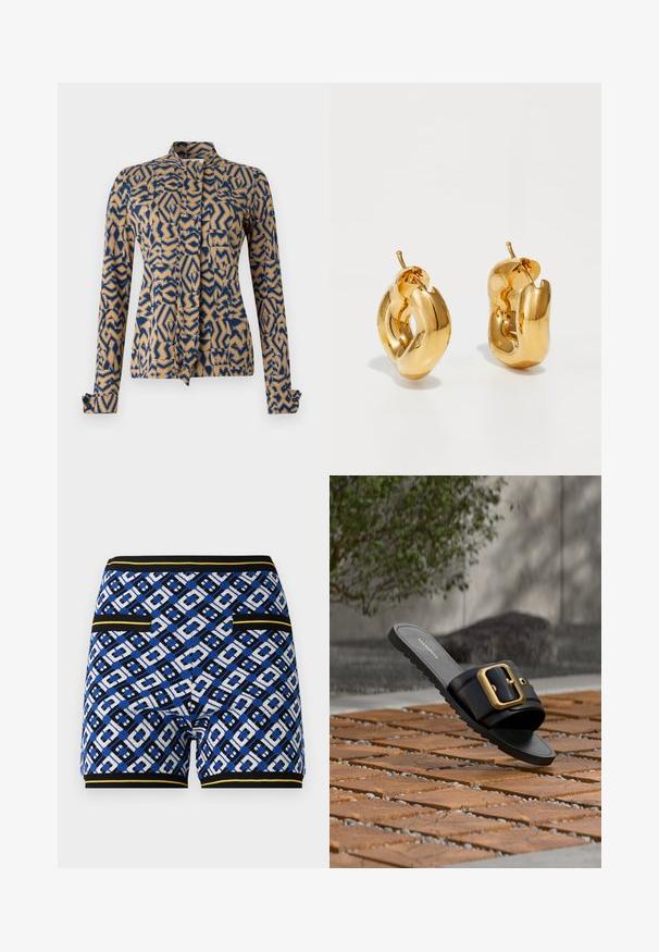 Veste à motifs en bleu marine et beige, présentant des designs géométriques. Manches longues avec poignets boutonnés, col mandarin et fermeture à l'avant par lien.; Shorts en tricot à motifs présentant un design géométrique bleu, noir et blanc, avec des accents jaunes contrastés et des poches sur les côtés.; Sandale noire à bride large avec une grande boucle dorée reposant sur un sol en carreaux de bois avec une plante verte et un mur gris en arrière-plan.; Boucles d'oreilles créoles en or massif avec un design tubulaire légèrement tordu et des fermoirs à tige sur un fond blanc.