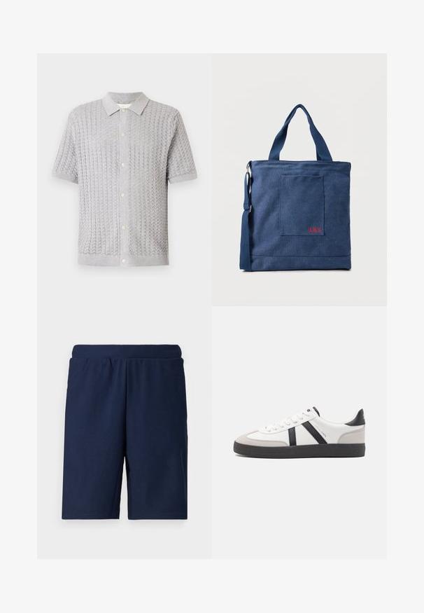 Grijze gebreide polo met korte mouwen, voorzien van een textuurpatroon, vijf knopen aan de voorkant en een zachte kraag.; Marineblauwe sportshorts met een geribbelde textuur, een elastische tailleband en een rechte snit, ontworpen voor comfort en bewegingsvrijheid.; Witte sneaker met zwarte en grijze accenten, voorzien van een grijze neus met textuur, zwarte rubberen zool en platte witte veters. Schoon ontwerp, minimalistische stijl.; Blauwe canvas tas met voorvak en rode "O.N.S" borduring, voorzien van dubbele handvatten en een verstelbare schouderriem.