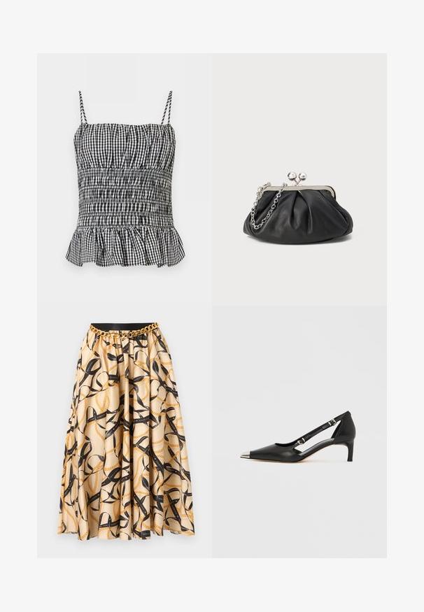 Haut caraco smocké à carreaux noirs et blancs avec fines bretelles et ourlet volanté sur un fond uni.; Jupe plissée beige avec imprimé chaîne noire et or, ceinture noire à la taille et ceinture décorative en chaîne dorée.; Escarpin en cuir noir à petit talon en forme de kit avec embout pointu argenté et doubles sangles à boucle sur fond blanc.; Porte-monnaie en cuir noir avec texture froncée, cadre en métal argenté, fermeture à verrouillage kiss-lock et bandoulière en chaîne. Surface lisse et douce.