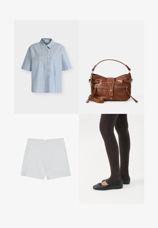 Kortærmet skjorte med knapper, med lodrette lyseblå, hvide og brune striber og en spids krave mod en ensfarvet baggrund.; Hvide shorts med et skræddersyet design, flad front, to sidelommer og en ren kant. Fremstillet af et glat stof uden synlige mønstre.; Ben iført mørke ribbede leggings kombineret med sorte balletsko med små sløjfedetaljer på hvid baggrund.; Brun læderhåndtaske med en rund form, to frontlommer med lynlås og en aftagelig skulderrem. Udstyret med hardware og syninger i sølvfarve.
