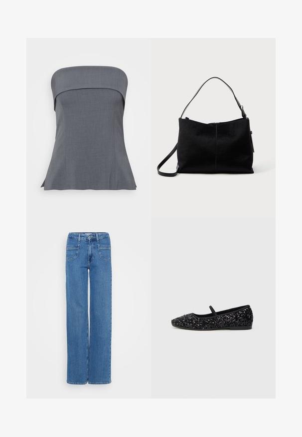 Hallide triipudeta topp, sirge dekoltee ja kohandatud lõikega, avara hemiga. Kanga pind on sile, sobib nii igapäevaseks kui ka pidulikuks kandmiseks.; Laiad sinised denim püksid, millel on kõrge vöökoht, viie tasku disain ja nähtavad õmblused õmblustel. Sile tekstuur, klassikaline viimistlus.; Mustad musta värvi kingad terava varbaga, millel on sädelevate detailidega pealis, must rihm üle jala ja madal konts.; Mustardhalli õlakott sujuva tekstuuriga pinnaga, millel on üks rihm ja ülemine tõmblukk. Kompaktne ristkülikukujuline kuju.