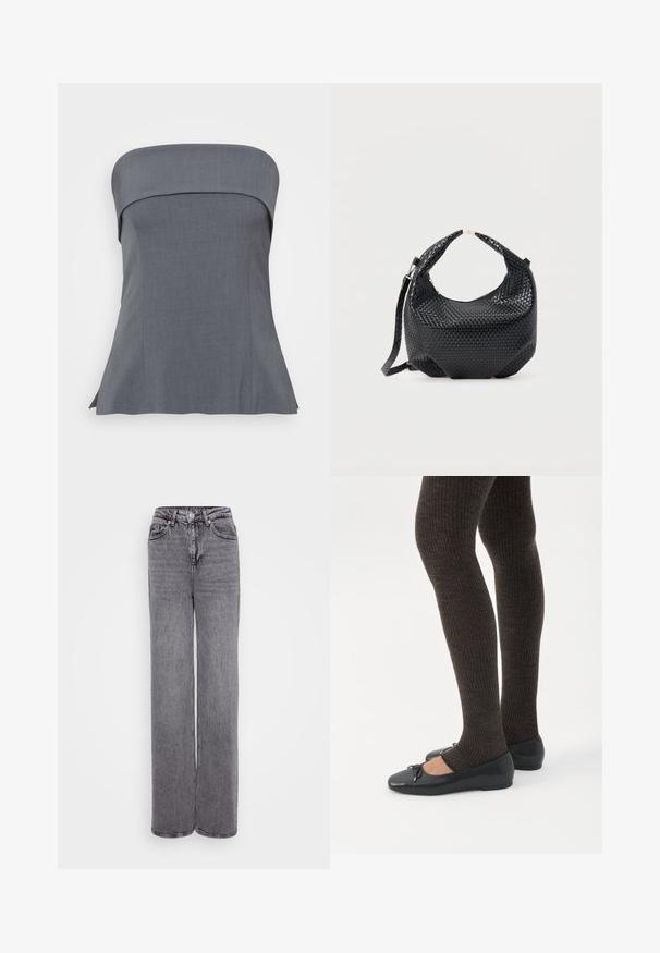 Grå bandeau-top med lige udskæring, skræddersyet pasform og udvidet kant. Stof har en glat tekstur, velegnet til hverdag eller formelle anledninger.; Grå højtaljede jeans med lige ben, knap- og lynlåslukning, fem lommer og en tekstureret denimfinish.; Ben iført mørke ribbede leggings kombineret med sorte balletsko med små sløjfedetaljer på hvid baggrund.; Sort flettet læderhåndtaske med kort håndtag og aftagelig skulderrem, vist mod en ensfarvet lys baggrund.