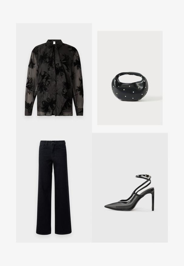Sort gennemsigtig bluse med blomsterprint, spids krave, lange ærmer og buet kant. Fremstillet af let stof med en glat tekstur.; Bredde ben sorte denim jeans med høj talje, der har standardlommer og knaplukning. Glat tekstur med en let stræk.; Sort højhælet pumpe med spids tå, kombination af net- og laklæder, ankelrem med spænde detaljer, slankt silhouet.; Sort læderhåndtaske med en rundet form, dekoreret med sølvnitter, og et kort håndtag. Glat tekstur og lynlåslukning.