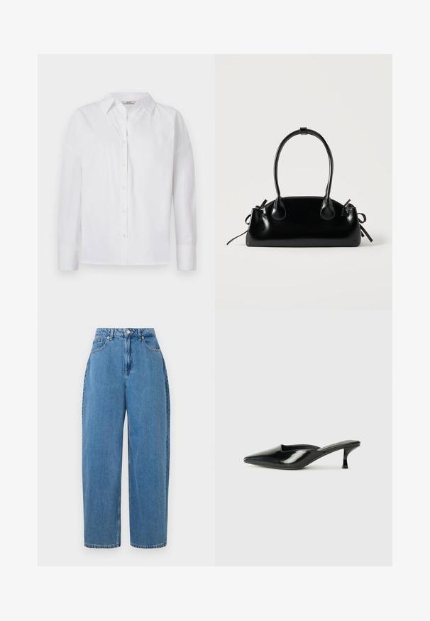 Camisa blanca de botones hecha de algodón, con mangas largas, un cuello clásico y detalles de costura sutiles.; Pantalones de mezclilla de color azul claro con un ajuste de pierna recta, cintura alta y cierre frontal con botón. Cuenta con cinco bolsillos y detalles de costura mínimos.; Mulas de charol negro con punta afilada, tacón bajo tipo kitten y lados curvados, con acabado brillante y diseño minimalista.; Pequeño bolso negro brillante con dos asas largas y detalles de cordón lateral sobre un fondo claro liso.