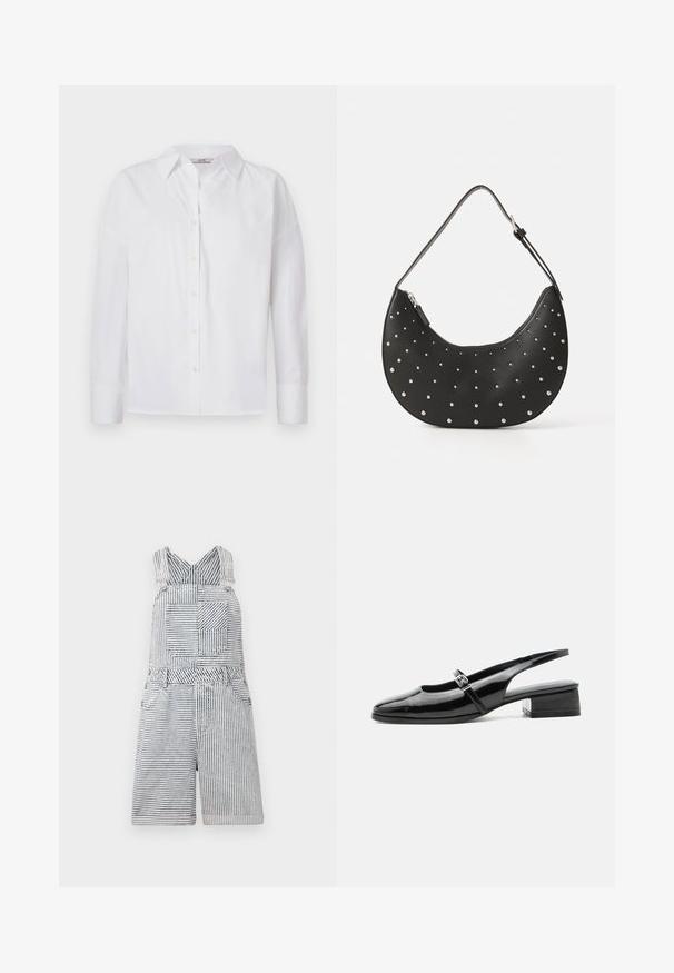 Witte button-up shirt van katoen, met lange mouwen, een klassieke kraag en subtiele stikdetails.; Gestreepte denim jumpsuit met een vierkante zak, verstelbare straps en een wijde halslijn. Heeft een relaxte pasvorm met een shorts-lengte.; Zwarte lakleren slingback schoen met een lage blokhak en een dunne band met zilveren gesp bovenop.; Zwarte leren handtas met een gebogen vorm, versierd met zilveren studs, voorzien van een ritssluiting en een enkele verstelbare schouderband.