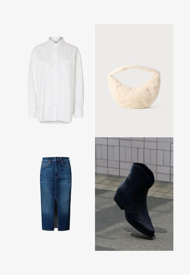 Camisa blanca de manga larga con botones, cuello puntiagudo y bolsillo en el pecho, mostrada sobre un fondo liso.; Falda midi de mezclilla azul oscuro con abertura frontal, cierre de botones, trabillas para cinturón y bolsillos delanteros.; Botín de cuero negro con tacón bajo, costuras decorativas y punta afilada, colocado de pie sobre una superficie pavimentada junto a una pared con azulejos.; Bolso de color crema con una textura suave y esponjosa. Forma curvada y una tira ancha para llevar. Diseño simple, sin hardware o acentos visibles.