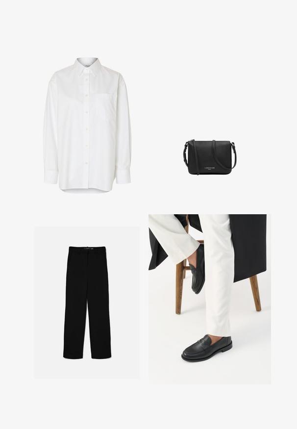 Camisa blanca de manga larga con botones, cuello puntiagudo y bolsillo en el pecho, mostrada sobre un fondo liso.; Pantalones negros de corte recto con trabillas, cremallera frontal y bolsillos laterales, colocados planos sobre un fondo claro.; Persona con mocasines de cuero negro y pantalones blancos sentada en un taburete de madera contra un fondo blanco.; Bolso bandolera de cuero negro con correa ajustable y cremallera plateada, logo "Liebeskind Berlin" en el centro delantero.