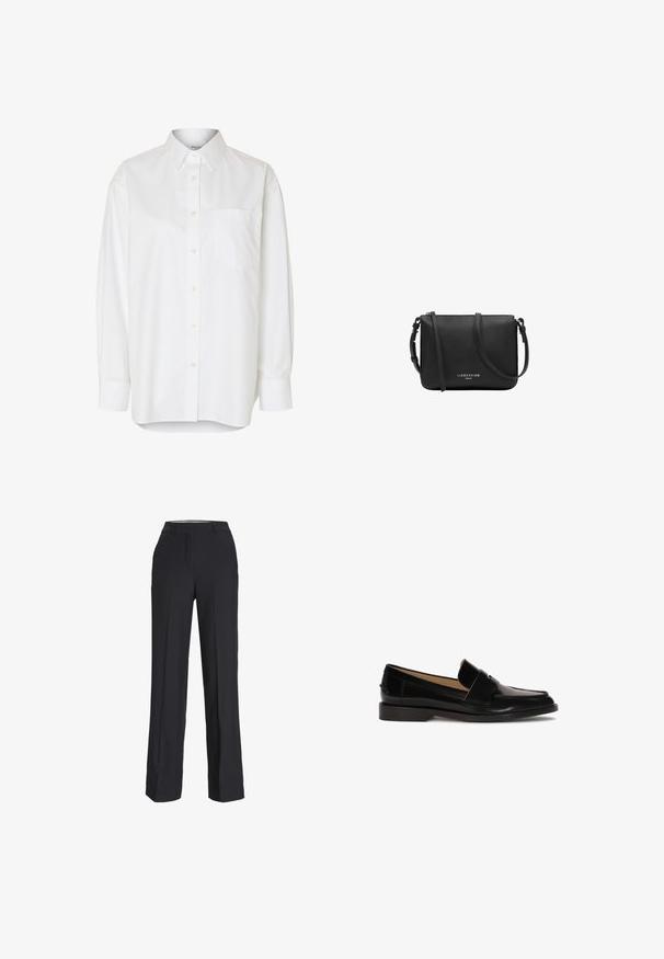 Camisa blanca de manga larga con botones, cuello puntiagudo y bolsillo en el pecho, mostrada sobre un fondo liso.; Pantalones negros de cintura alta con corte recto. Fabricados en una tela suave, con pliegues delanteros y bolsillos laterales.; Mocasines de cuero negro con un acabado suave, punta redondeada y una correa decorativa en la parte frontal. Diseño de tacón bajo.; Bolso bandolera de cuero negro con correa ajustable y cremallera plateada, logo "Liebeskind Berlin" en el centro delantero.