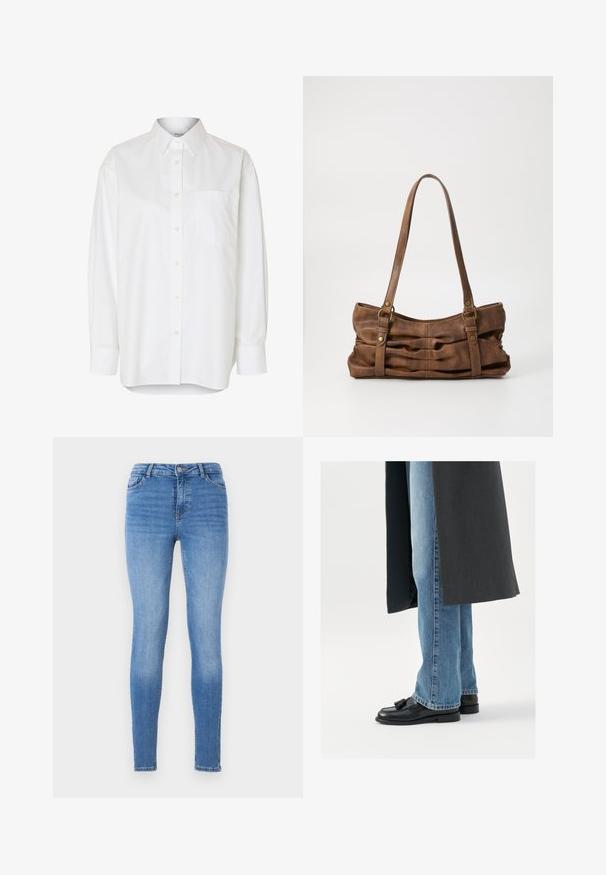 Camisa blanca de manga larga con botones, cuello puntiagudo y bolsillo en el pecho, mostrada sobre un fondo liso.; Jeans ajustados en denim azul claro, con una cintura de media altura, diseño de cinco bolsillos y costuras tonales con una textura suave.; Mocasines de cuero negro con borlas, combinados con jeans rectos de color azul claro, complementados por un abrigo gris oscuro. Líneas limpias y tejido texturizado.; Even&Odd Bolso de mano - brown
