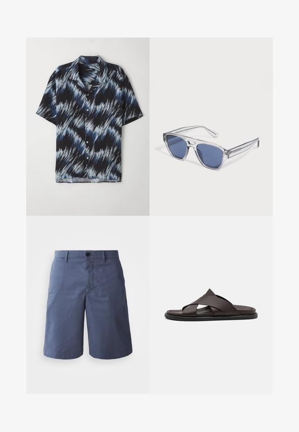 Kortærmet skjorte lavet af letvægtsstof, med et blåt og sort zigzagmønster, knaplukning fortil og spids krave.; Marineblå bomulds shorts med flad front, enkelt knaplukning, to sidelommer og lige ben. Glat tekstur, ingen synlige mønstre.; Stuart Weitzman BERKLEY - Slip-on sandaler - espresso; Solbriller med klart stel og rektangulære blåtonede linser, som ligger på en hvid overflade.