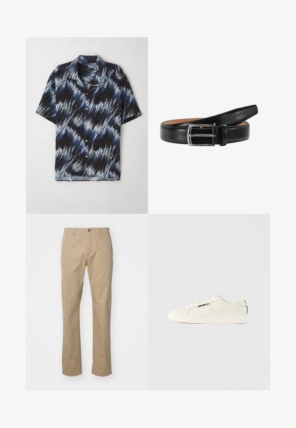 Kortærmet skjorte lavet af letvægtsstof, med et blåt og sort zigzagmønster, knaplukning fortil og spids krave.; Beige chinos med lige ben design, lavet af bomuldsstof, med en enkelt frontknap og standard talje med bæltesløjfer.; Lysebeige sneakers med en glat tekstur, snørelukning og farverig stribet detalje på siden. Hvid gummisål. Ensfarvet bagtil.; Sort læderbælte med en glat overflade, der har en sølv rektangulær spænde og et lyst interiørfoder. Enden er tilspidset for et elegant udseende.