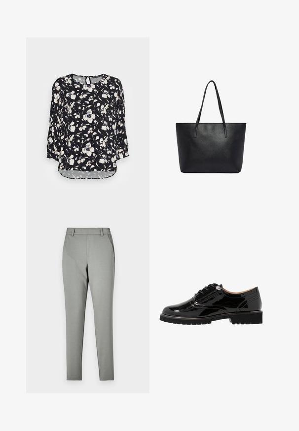 mine to five TOM TAILOR BLOUSE BATSLEEVE - Blusa - black/beige; Pantalones gris claro con un ajuste entallado, hechos de una tela suave. Cuentan con una cinturilla con pasadores de cinturón y bolsillos laterales, diseño de pierna ajustada.; Zapatos de charol negro con cordones, punta redondeada, detalles de brogue, suela de goma y un acabado texturizado. Con pequeños ojales como acento.; Bolso tote de cuero negro texturizado con dos largas correas para el hombro, forma rectangular y apertura superior.