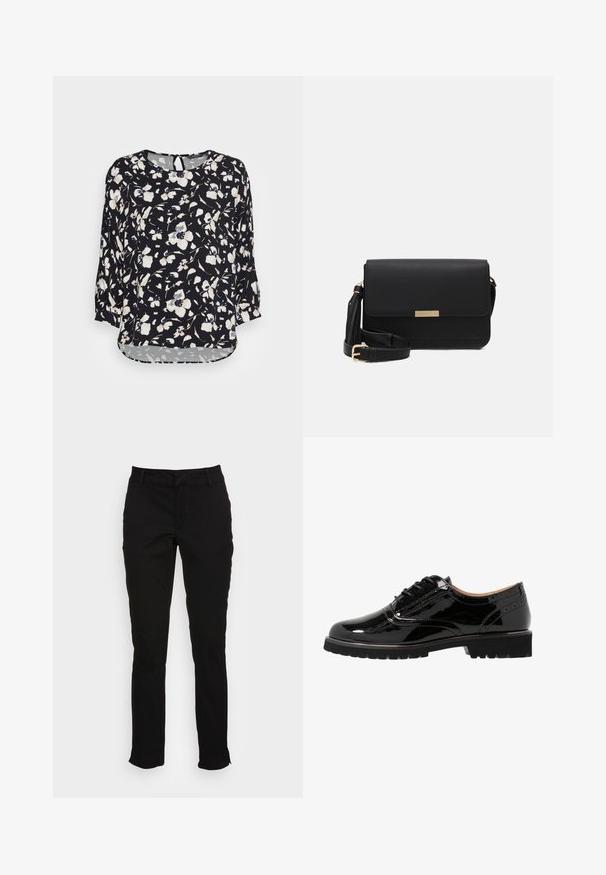 mine to five TOM TAILOR BLOUSE BATSLEEVE - Blusa - black/beige; Pantalones de algodón negros con corte ajustado, pierna recta, trabillas para cinturón y bolsillos delanteros. Textura suave con sutilezas en los detalles de la costura.; Zapatos de charol negro con cordones, punta redondeada, detalles de brogue, suela de goma y un acabado texturizado. Con pequeños ojales como acento.; Bolso cruzado de cuero negro con cierre de solapa, acentos en dorado, correa ajustable y superficie texturizada. Forma rectangular compacta.
