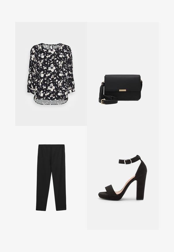 mine to five TOM TAILOR BLOUSE BATSLEEVE - Blouse - black/beige; Zwarte, elastische sportbroek met een gladde textuur, elastische tailleband en rechte snit, geschikt voor sportkleding of casual gebruik.; Anna Field by Zalando Sandalen - black; Zwarte leren schoudertas met een flap sluiting, gouden hardware accenten, verstelbare schouderriem en gestructureerd oppervlak. Compakte rechthoekige vorm.