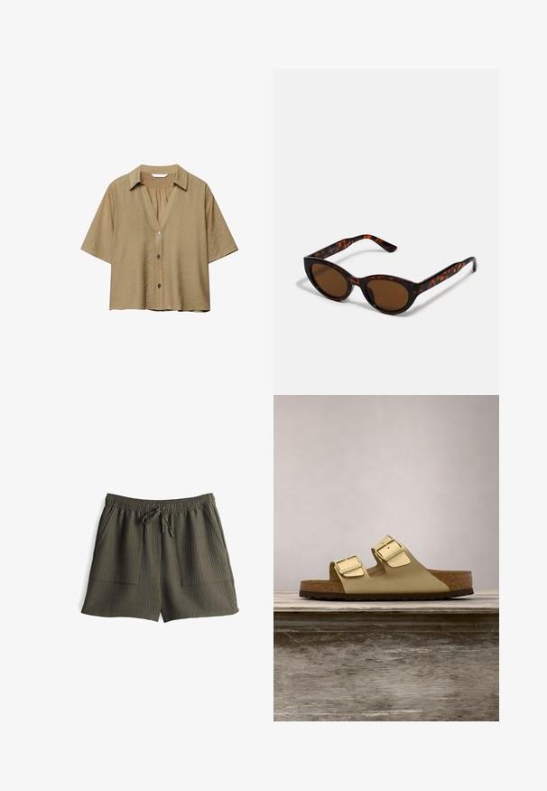 Beige blouse met korte mouwen, kraag, drie knopen aan de voorkant en geplooide details aan de bovenkant van de achterkant.; Olijfgroene korte broek met een geribbelde textuur, elastische tailleband, trekkoordsluiting en twee zijzakken.; Gouden metallic sandalen met twee banden en verstelbare gespen, kurken voetbed en een gemarmerde rubberen loopzool. Beschikt over een open teen- en open hielontwerp.; Bruine schildpad zonnebril met een vintage cat-eye vorm en bruine lenzen. Heeft gebogen armen met rode accenten.