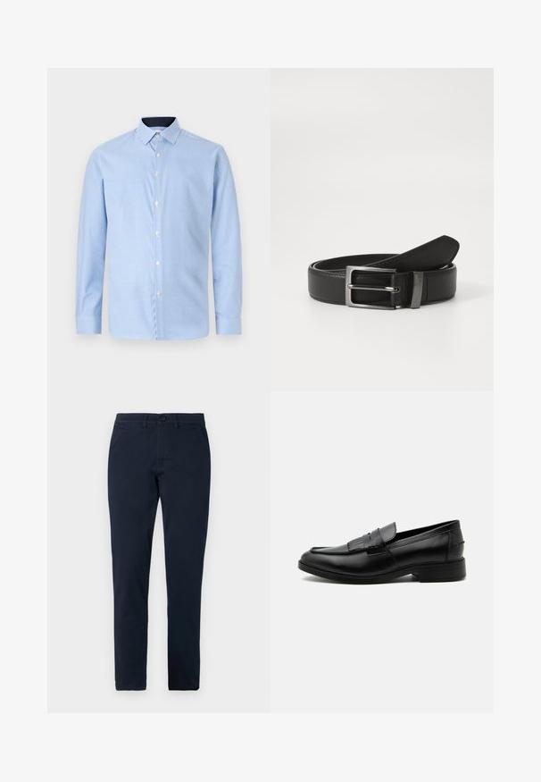 Camisa de manga larga abotonada en azul claro con un pequeño patrón de cuadros, botones blancos y un cuello en contraste de color azul oscuro. Textura suave.; Pantalones negros de corte ajustado para hombre con cierre frontal de botón y cremallera, trabillas para cinturón y bolsillos laterales.; Mocasín negro de cuero para hombre con detalle de borlas, punta redondeada, tacón bajo y acabado liso y pulido, mostrado de lado sobre un fondo blanco.; Cinturón de cuero negro con hebilla de metal plateada, que presenta un acabado suave y un diseño clásico. El cinturón está neatly doblado.