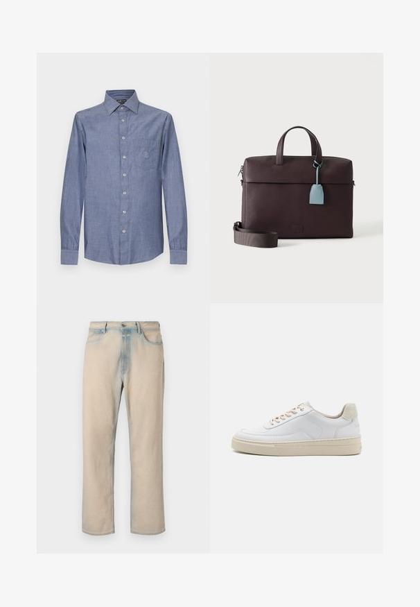 Hellblaues Baumwollhemd mit Knöpfen, langen Ärmeln, einer Brusttasche und einem dezenten gestickten Muster auf der Tasche.; Helle beige Jeans aus Denim mit geradem Bein, verblassten blauen Akzenten, fünf Taschen und einem Knopfverschluss an der Taille.; Weiße Sneaker mit einem glatten Lederobermaterial, beigen Schnürsenkeln und einer strukturierten, beigen Wildleder-Fersenschlaufe. Erhöhte Sohle für zusätzlichen Komfort.; Dunkelbraune Leder-Aktentasche mit oberen Griffen, abnehmbarem Schulterriemen und hellblauem Lederanhänger, der von einem Griff hängt.