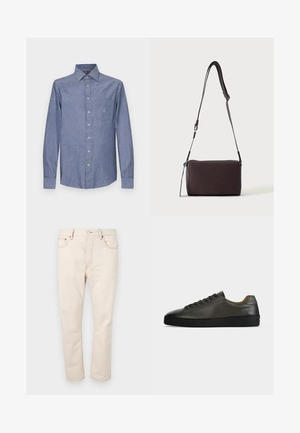 Lichtblauw overhemd van katoen met lange mouwen, een borstzak en een subtiel geborduurd ontwerp op de zak.; Beige denim jeans met een rechte pijp, voorzien van vijf zakken, contrasterende stiksels en een knoopsluiting bij de taille.; Donkergrijze leren lage sneaker met zwarte veters en zool, minimalistisch ontwerp, zijaanzicht op een effen lichte achtergrond.; Donkerbruine gestructureerde leren crossbodytas met verstelbare riem en klein decoratief blauw accent aan de zijkant.