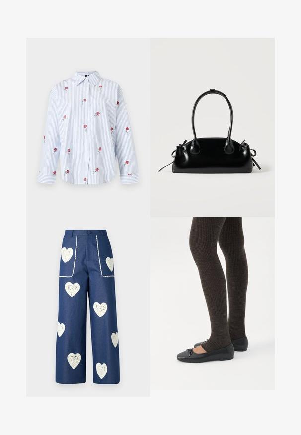 Valge nööbitav särk siniste vertikaalsete triipudega ja tikitud punaste roosidega, mis on kangale hajutatud, klassikalise kraega ja pikkade varrukatega.; Sister Jane HEART TO HEART - Sirgete säärtega teksad - blue denim; Jalad seljas tumedad soonelises soonelises kombines mustade baleriinadega, millel on väikesed paelade detailid valgel taustal.; Väike must läikiv käekott kahe pika sangaga ja külgedel paelakinnitustega, ühel lihtsal helel taustal.