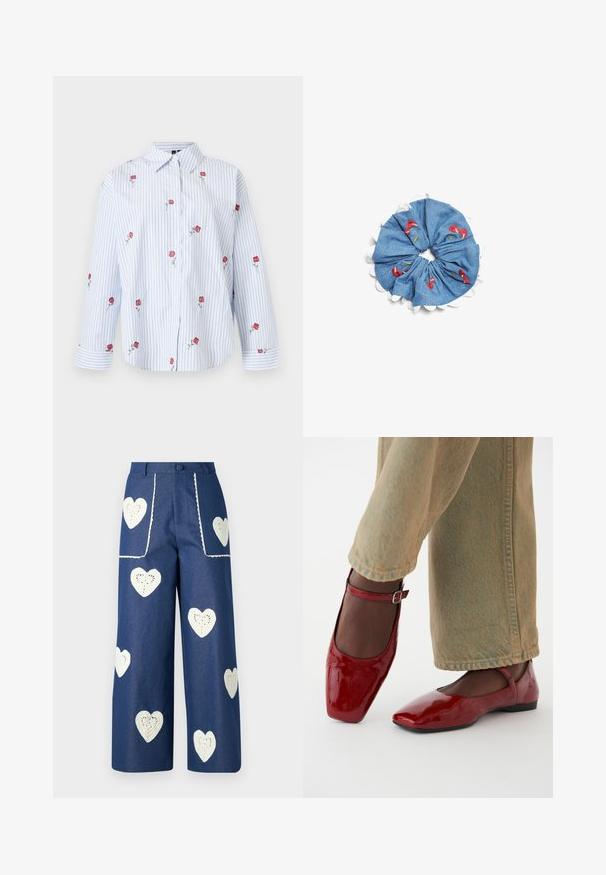 Hvid skjorte med knapper med blå lodrette striber og broderede røde roser spredt ud over stoffet, med klassisk krave og lange ærmer.; Sister Jane HEART TO HEART - Jeans Straight Leg - blue denim; Røde patentlæder sko med firkantet tå, lav hæl og ankelrem, parret med lysegrønne vide bukser. Glat tekstur, reflekterende overflade.; Denim scrunchie med hvid bølget kant, der har røde og grønne broderede blomsterdesigns på en blå baggrund.