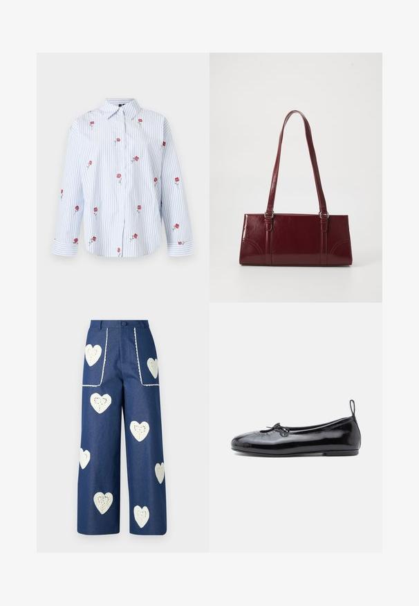 Valge nööbitav särk siniste vertikaalsete triipudega ja tikitud punaste roosidega, mis on kangale hajutatud, klassikalise kraega ja pikkade varrukatega.; Sister Jane HEART TO HEART - Sirgete säärtega teksad - blue denim; Mustmust musta balletking, ümarateo, väikese paelte detailiga ja siledat tekstuuri; omad madalat lapikut tallat ja tõmbluku pöidlal.; Burgundia värvi käekott, mis on valmistatud läikivast materjalist, ristküliku kujuline, kahe õlapaelaga ning ees on peened kaarjad aktsendid.