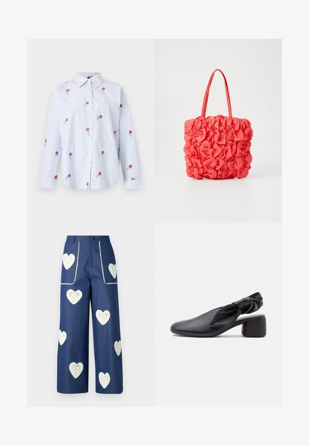 Weißes Hemd mit Knöpfen, blauen vertikalen Streifen und gestickten roten Rosen, die über den Stoff verteilt sind, mit klassischem Kragen und langen Ärmeln.; Sister Jane HEART TO HEART - Jeans Straight Leg - blue denim; Schwarzer Leder-Slingback-Schuh mit abgerundeter Spitze, einem geknoteten Riemendetail und niedrigem Blockabsatz auf weißem Hintergrund.; Korallefarbene Tragetasche mit strukturiertem, gerafftem Design. Hergestellt aus weichem Stoff, ausgestattet mit zwei stabilen Griffen und einem geräumigen Innenraum.