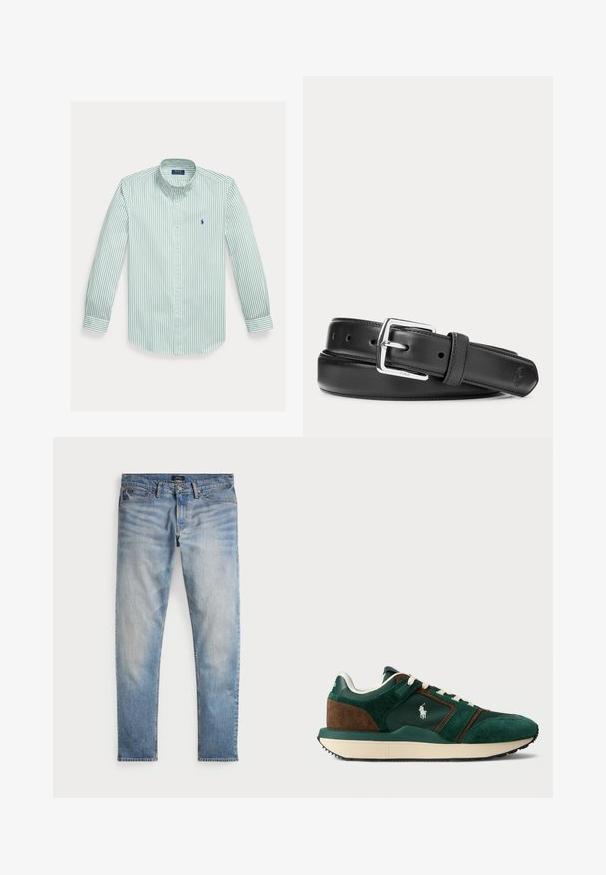 Hemd mit Knopfleiste in grünen und weißen Vertikalstreifen, aus Baumwolle. Verfügt über einen klassischen Kragen, lange Ärmel und ein kleines Logo auf der Brust.; Helle blaue Denim-Jeans mit einem ausgewaschenen Finish, Fünf-Taschen-Design und kontrastierenden Nähten. Mit Reißverschluss und Gürtelschlaufen. Gerade geschnitten.; Herren Sneaker aus dunkelgrünem und braunem Wildleder, mit Mesh-Einsätzen, weißen Schnürsenkeln und einer Gummisohle. Mit einem Logo an der Seite.; Schwarzer Ledergürtel mit silberner rechteckiger Schnalle, aufgerollt auf weißem Hintergrund, mit dezent geprägt Logo an der Spitze.