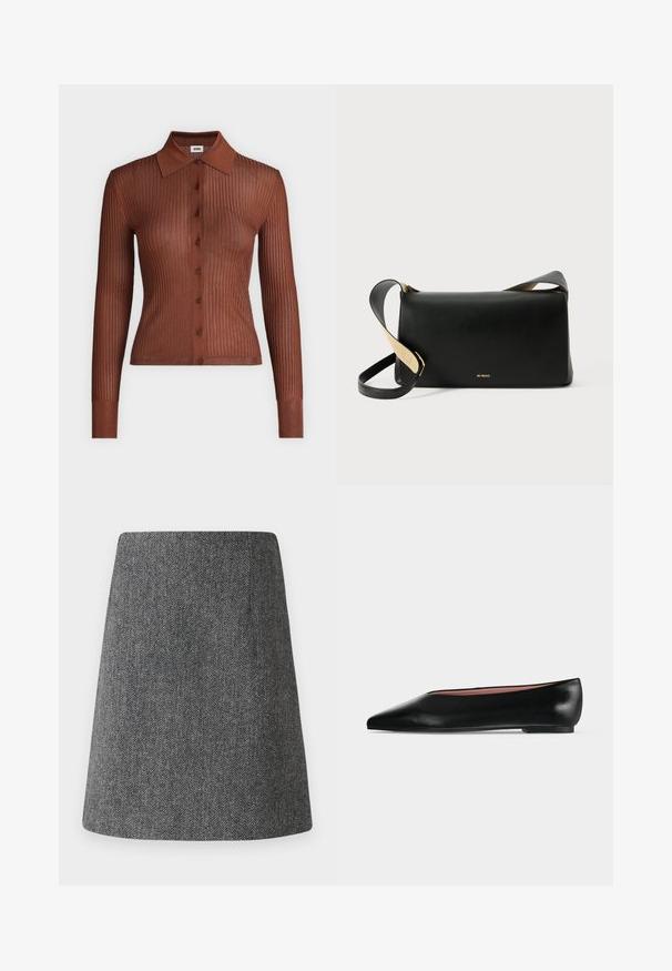 Bruine geribbelde blouse met knopen, lange mouwen, kraag, slim fit en contrasterende gebreide structuur op manchetten en zoom.; Grijze visgraatrok met een uitlopende A-lijn vorm, gemaakt van textiel met structuur. Kenmerkt zich door een nette tailleband en geen zichtbare hardware of accenten.; Zwarte leren damesschoen met platte zool, puntige neus en lage hak, zijwaarts afgebeeld tegen een effen lichtgrijze achtergrond.; Zwarte leren schoudertas met een rechthoekige vorm, plat ontwerp, verstelbare schouderband en gouden logodetail aan de voorkant.