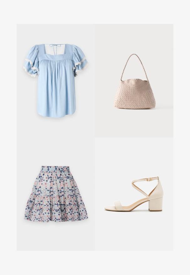 Lyseblå bluse med firkantet udringning og puffede ærmer. Har samlet stof og delikat blondekant langs ærmeenderne.; Blomstret nederdel i lyseblå, med pink og marineblå blomster. Lagdelt design med elastisk talje og blødt, struktureret stof.; Beige blokhælede sandaler med et minimalistisk design, åben tå og justerbar ankelrem med en guldbelsningsdetalje. Glat tekstur.; Beige vævet læder skuldertaske med rund form og flettet håndtag, med en lille rund læderknaplukning.