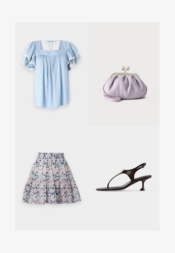 Lyseblå bluse med firkantet udringning og puffede ærmer. Har samlet stof og delikat blondekant langs ærmeenderne.; Blomstret nederdel i lyseblå, med pink og marineblå blomster. Lagdelt design med elastisk talje og blødt, struktureret stof.; Mørkebrun laklædersandal med rem bagpå, lille hæl og tårem på hvid baggrund.; Blød lavendel clutch med opsamlet stof, sølv kiss-lock lås og matchende håndledsrem på en ensfarvet lys baggrund.