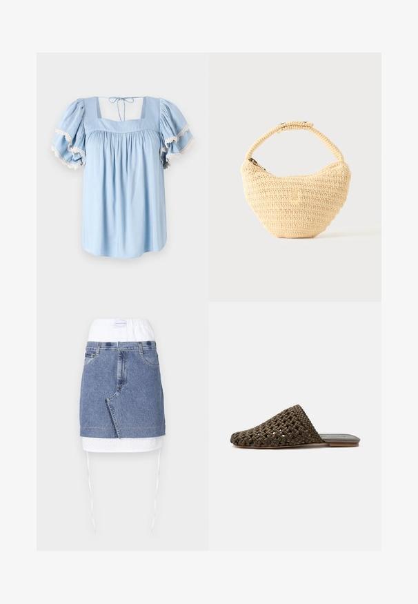 Lyseblå bluse med firkantet udringning og puffede ærmer. Har samlet stof og delikat blondekant langs ærmeenderne.; Denim nederdel med en blå krop, hvid perforeret talje og snoretræk. Har forlommer og en lige pasform med rå kant.; Brun vævet slip-on mule med flad sål og lukket rundet tå på hvid baggrund.; Beige vævet håndtaske med afrundet krop, lynlås, og en kort, tyk strop i en enkel, tekstureret hæklestil.