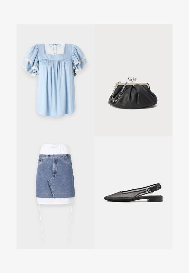 Lichtblauwe blouse met vierkante halslijn en opbollende mouwen. Bevat verzameld stof en delicate kantafwerking langs de mouwranden.; Denimrok met een blauwe body, witte geperforeerde tailleband en trekkoord. Heeft voorzakken en een rechte snit met een rauwe zoom.; rag & bone ASTRA SLINGBACK - Slingback ballerina´s - black; Zwarte leren clutch met geplooide textuur, zilverkleurig metalen frame, drukknopsluiting en kettingriem. Glad, zacht oppervlak.