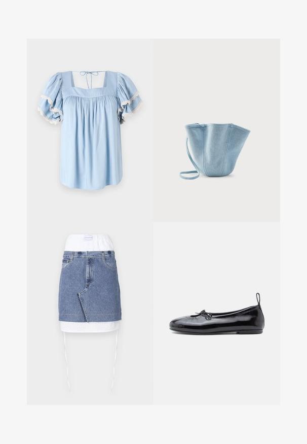 Lyseblå bluse med firkantet udringning og puffede ærmer. Har samlet stof og delikat blondekant langs ærmeenderne.; Denim nederdel med en blå krop, hvid perforeret talje og snoretræk. Har forlommer og en lige pasform med rå kant.; Sorte patenterede læder ballet flats med rund tå, lille sløjfedetalje og glat tekstur; har en lav flad sål og en træksløjfe ved hælen.; Lyseblå stofhåndtaske med lang strop, bred åbning øverst og stikninger i lodrette sømme, sat mod en ensfarvet hvid baggrund.