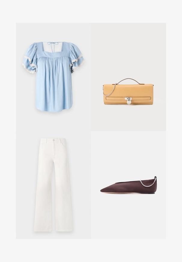 Lyseblå bluse med firkantet udringning og puffede ærmer. Har samlet stof og delikat blondekant langs ærmeenderne.; Hvide, højtaljede bukser med bred ben lavet af denim. Har en knaplukning, to forlommer og sidesømme med syningsdetaljer.; Mørkebrun flad sko med spids tå, lav hæl og en sølvfarvet rhinstenkæde detalje bagpå.; Tan rektangulær læderclutch med top-håndtag, sølvkædedetalje og sølvlåslukning på forreste klap.