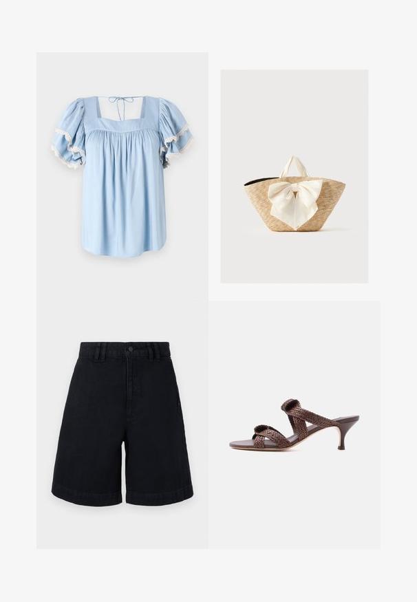 Blouse bleu clair avec un décolleté carré et des manches bouffantes. Présente un tissu froncé et une délicate bordure en dentelle le long des bords des manches.; Shorts en denim noir à coupe droite, avec une fermeture à bouton, des passants de ceinture et des ourlets roulés. Texture lisse avec des détails de couture subtils.; Sandale mule en cuir tressé marron avec deux brides et un petit talon bas sur fond blanc uni.; Sac cabas en paille tissée avec des poignées en tissu crème et un grand nœud décoratif crème à l'avant, sur un fond uni.