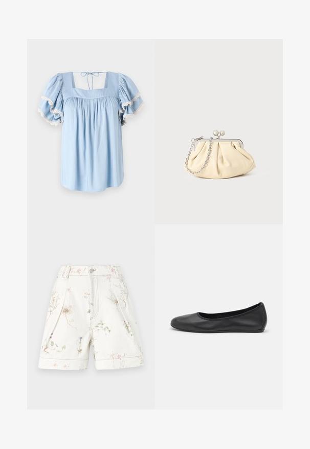 Lyseblå bluse med firkantet udringning og puffede ærmer. Har samlet stof og delikat blondekant langs ærmeenderne.; Hvide shorts med blomstermotiv i pink og blå. Lavet af bomuld, med sidelommer og knaplukning. Helårs tekstureret design.; Sort læderballetsko med rund tå, glat tekstur, minimal syning og et fleksibelt såldesign.; Plisseret beige læderclutch med en sølvmetalramme, der har to runde dekorative låse og en sølvkædetrasporte.