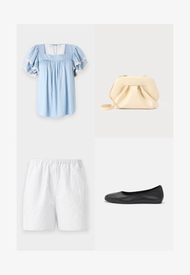 Lyseblå bluse med firkantet udringning og puffede ærmer. Har samlet stof og delikat blondekant langs ærmeenderne.; Hvide shorts med elastisk talje, fremstillet i et tekstureret stof med en afslappet pasform. Enkel design, ingen mønstre eller udsmykninger.; Sort læderballetsko med rund tå, glat tekstur, minimal syning og et fleksibelt såldesign.; Beige blød læder clutch-taske med struktureret ramme og rynket frontdetalje, med en tynd håndledsrem og guldlås.