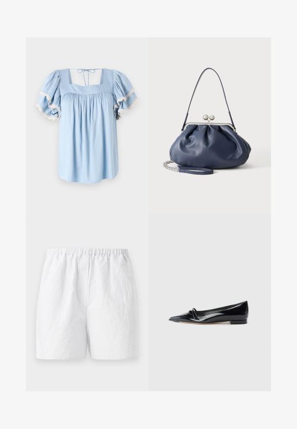 Blusa azul clara con escote cuadrado y mangas abullonadas. Presenta tejido recogido y un delicado encaje en los bordes de las mangas.; Pantalones cortos blancos con cinturilla elástica, confeccionados con una tela texturizada y un corte relajado. Diseño simple, sin patrones ni adornos.; Zapato plano de charol negro con punta afilada, pequeña tira decorativa y tacón bajo. Textura suave y diseño elegante.; Bolso de mano de cuero azul marino suave con cierre de broche plateado, una correa de hombro y correa de cadena desmontable para la muñeca sobre fondo blanco.