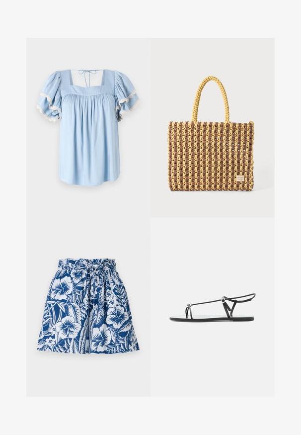 Blouse bleu clair avec un décolleté carré et des manches bouffantes. Présente un tissu froncé et une délicate bordure en dentelle le long des bords des manches.; Shorts à motif floral bleu et blanc avec une taille élastique, un détail de cordon de serrage et une coupe évasée. Fabriqués en tissu léger.; Sandale plate noire avec fines lanières, une boucle pour les orteils et une boucle de cheville ajustable sur un fond gris clair.; Sac tissé marron et jaune, de forme rectangulaire, avec deux poignées, et une finition texturée avec des coutures visibles et une étiquette de marque.