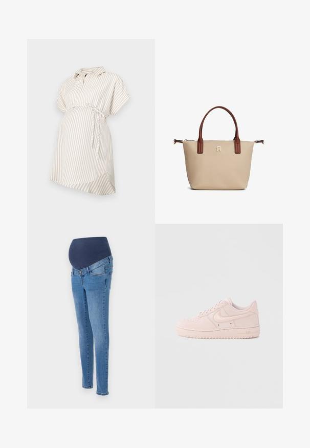 Schwangerschaftsbluse in beige-weißen Streifen, mit kurzen Ärmeln, Kragen, gebundenem Taillendetail, fließendem Stoff und abgerundetem Saum für Komfort.; Schwangerschaftsjeans mit einem blauen elastischen Bund und schmalen Beinen, aus hellblauem Denim mit subtilen Verwaschungen und klassischen Gesäßtaschen.; Pinker Wildleder-Sneaker mit glatter Oberfläche, Gummisohle, perforierter Zehenkappe und gestickten Logodetails. Entworfen mit klassischem niedrigem Profil.; Beige Tragetasche mit braunen Griffen, kleinem goldfarbenem Logo zentriert unter den Griffen und Reißverschluss am oberen Rand.